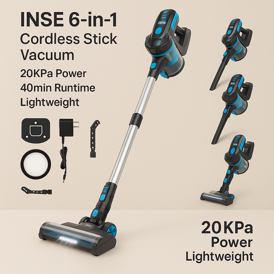 Electromax INSE™ 6-in-1 Akku-Staubsauger – 20 kPa Leistung, 40 Min. Laufzeit, geringes Gewicht