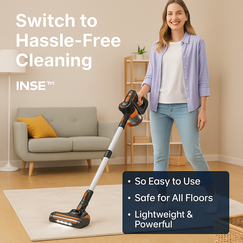 INSE™ 6-in-1 Cordless Stick Vacuum – 20KPa Power, 40 Min, Lightweight | Electromax