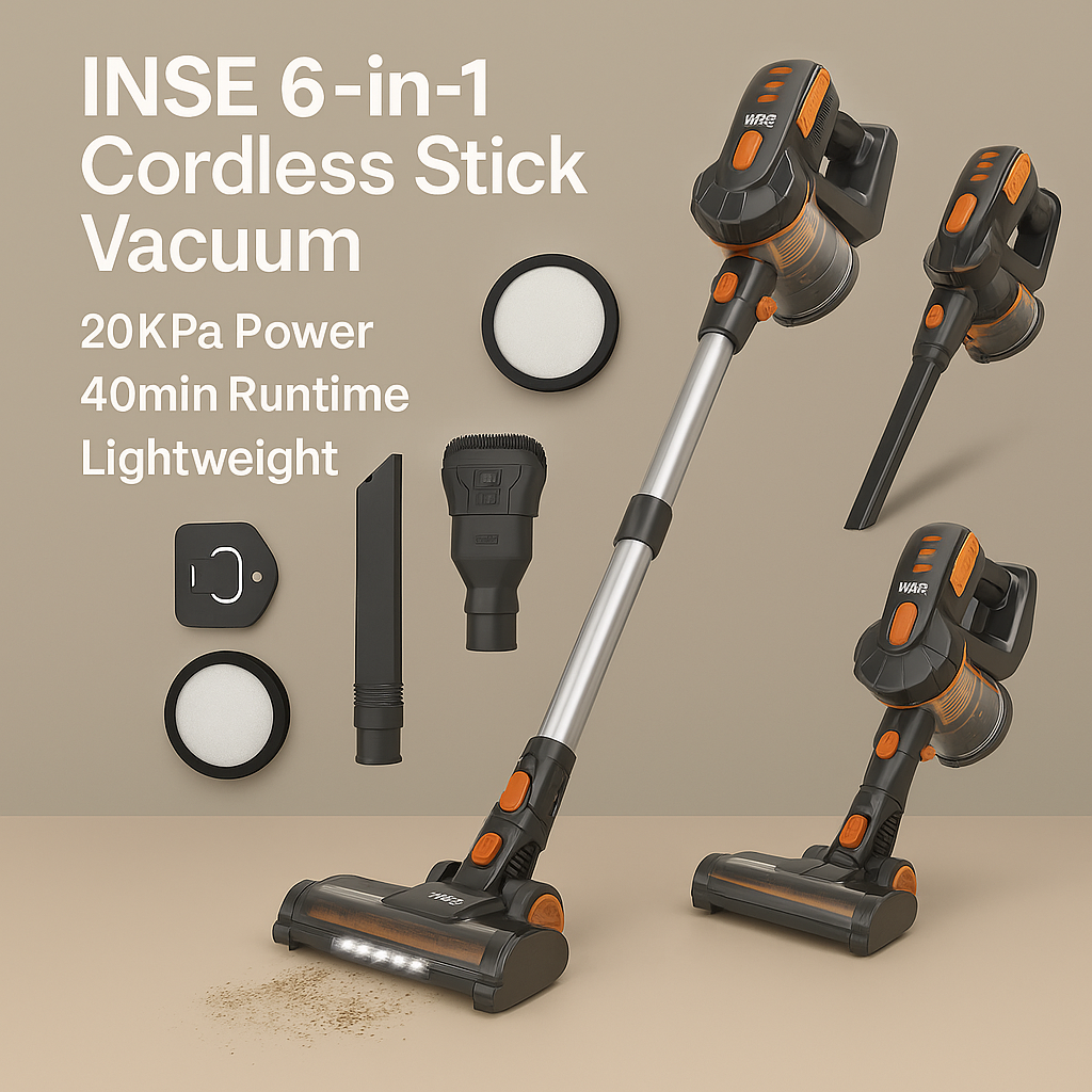 INSE™ 6-in-1 Cordless Stick Vacuum – 20KPa Power, 40 Min, Lightweight | Electromax