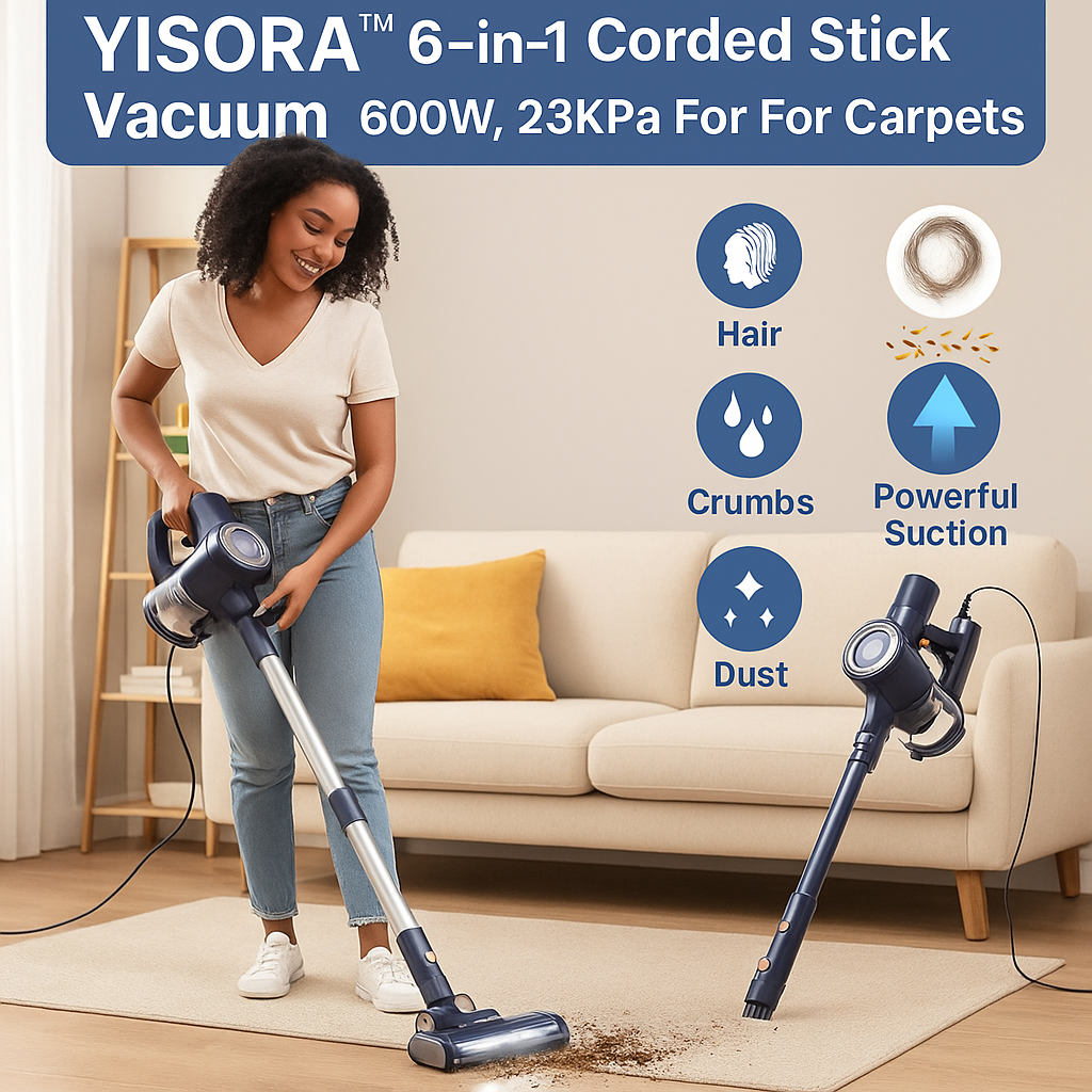 YISORA™ 6-in-1 Corded Stick Vacuum – 600W, 23KPa, Lightweight | Electromax