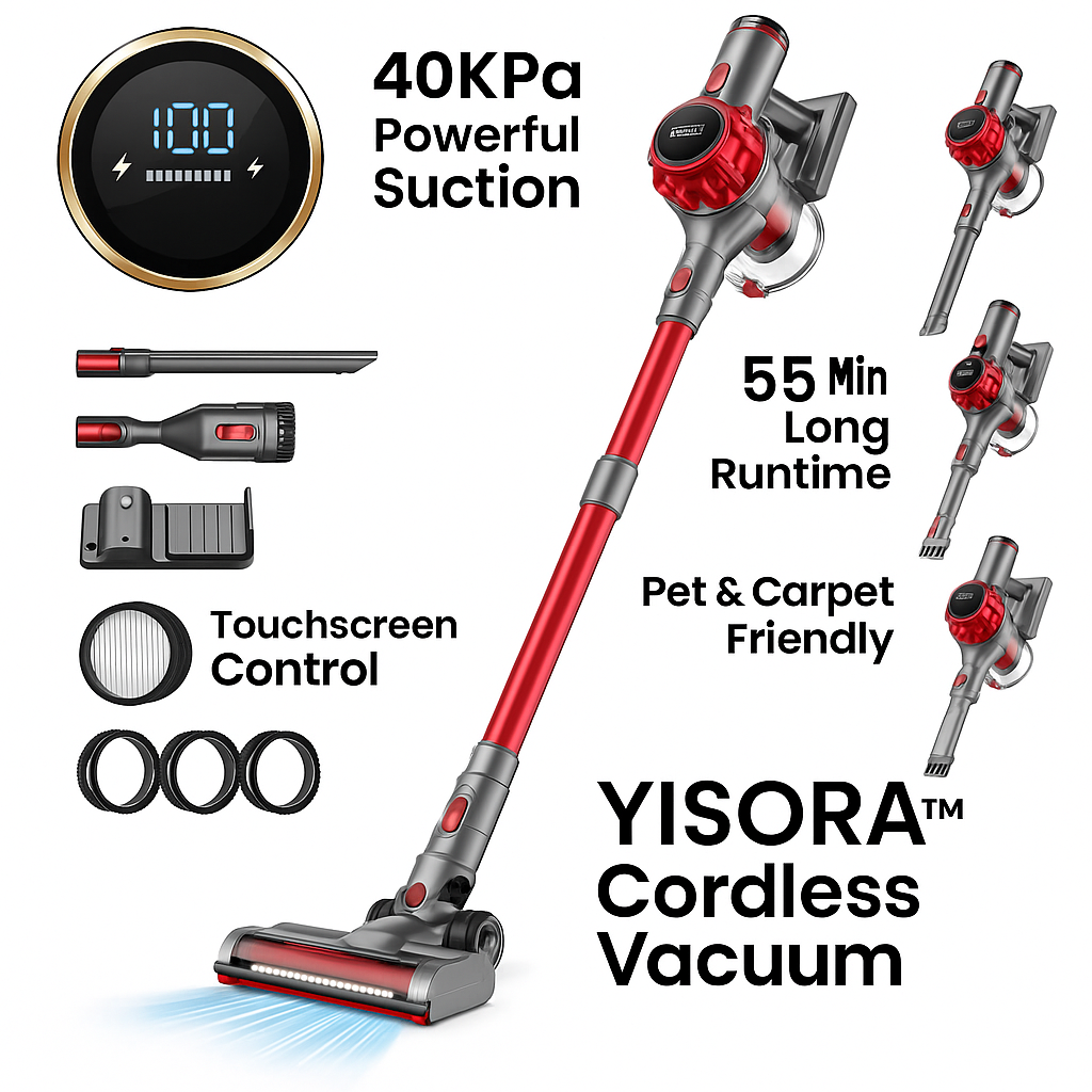 YISORA™ Cordless Vacuum – 40KPa, 55 Min Runtime, Touchscreen | Electromax
