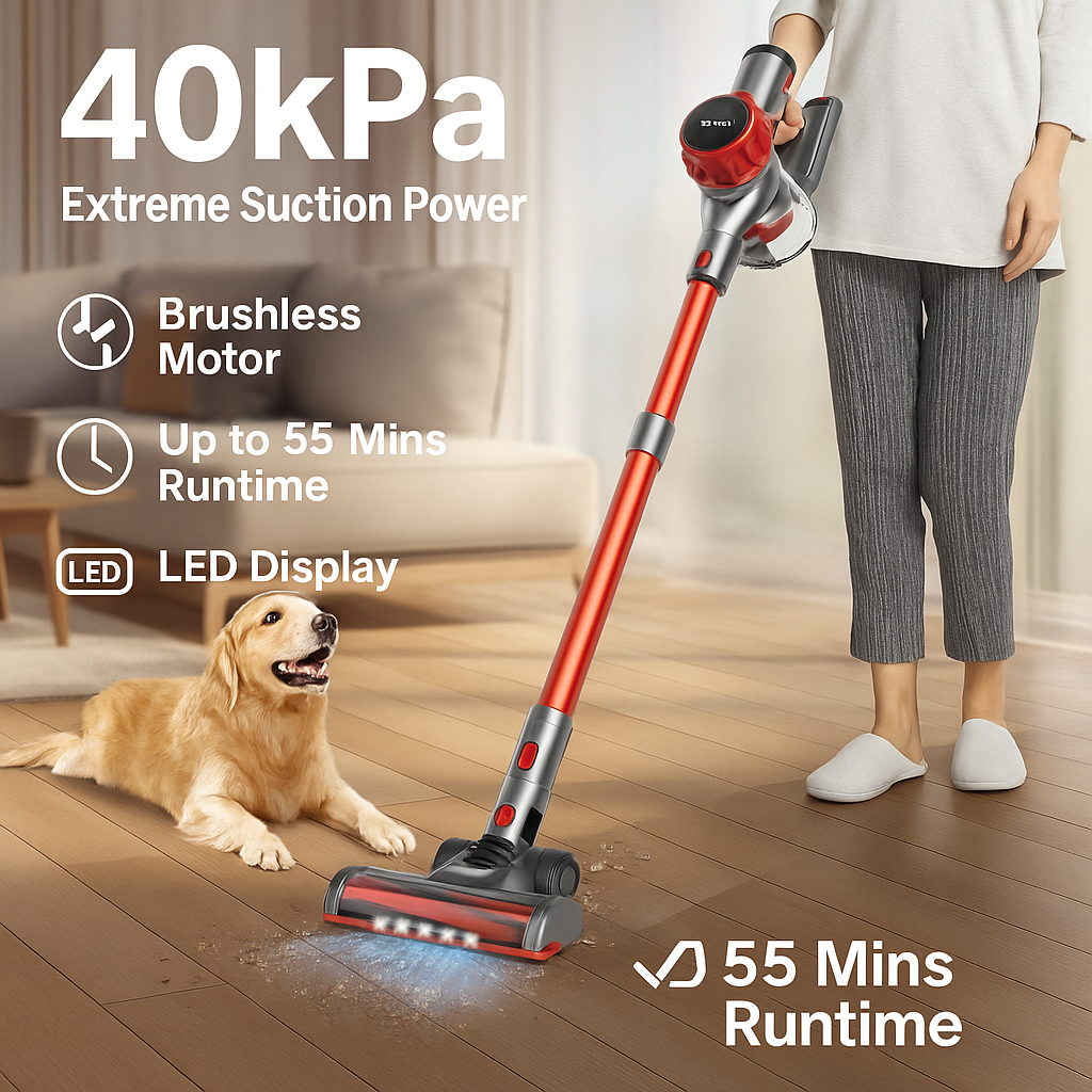 YISORA™ Cordless Vacuum – 40KPa, 55 Min Runtime, Touchscreen | Electromax