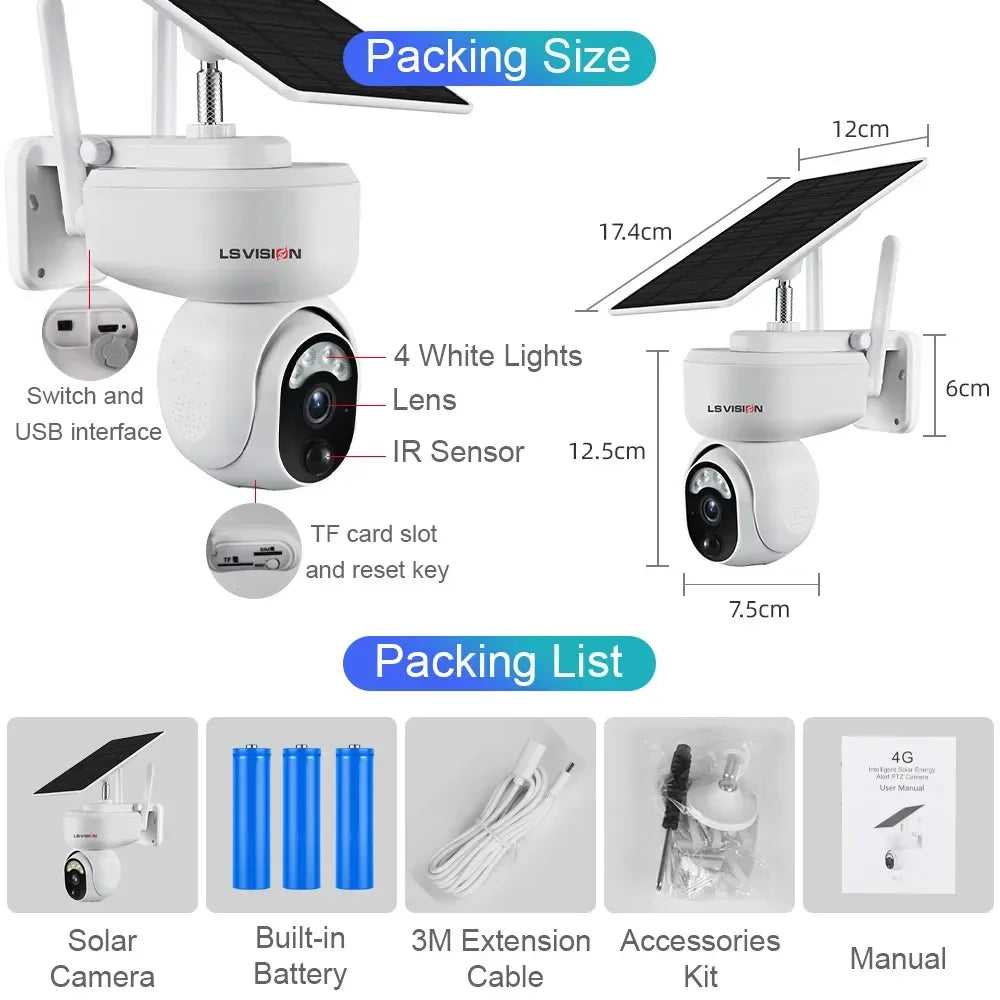 LS Vision 2K Solar SmartCam™ – 4MP Wireless PTZ Security with 4G/WiFi, Motion Detection & 2-Way Audio