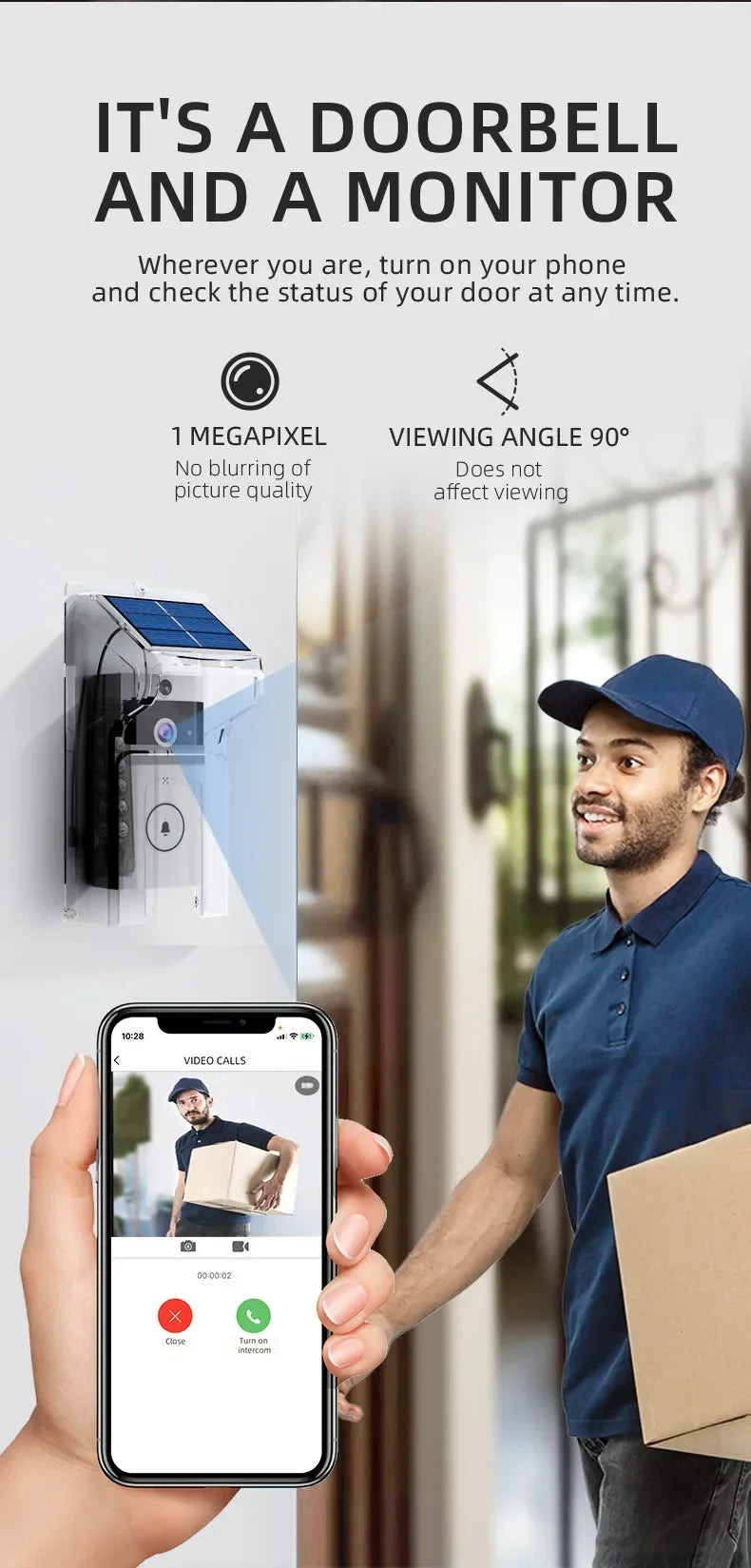 Smart Wireless Video Doorbell with Solar Charging – Waterproof, WiFi, Intercom & HD Camera