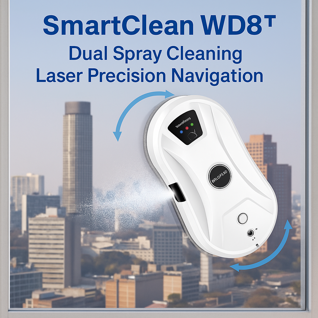 SmartClean WD8™ – Dual Spray Robotic Window Cleaner with Laser Precision & App Control