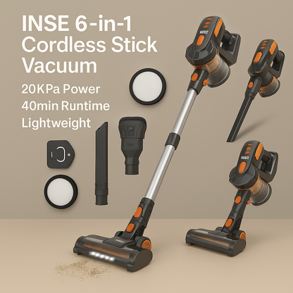 INSE™ 6-in-1 Cordless Stick Vacuum – 20KPa Power, 40 Min, Lightweight | Electromax