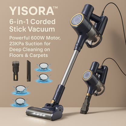 YISORA™ 6-in-1 Corded Stick Vacuum – 600W, 23KPa, Lightweight | Electromax