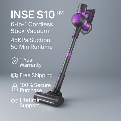 INSE S10™ 6-in-1 Cordless Vacuum – 45KPa, 50 Min, Pet Friendly | Electromax
