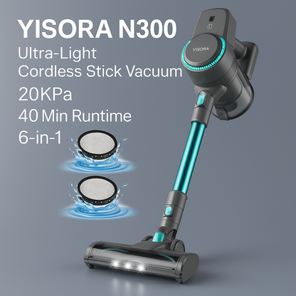YISORA N300™ Cordless Stick Vacuum – 20KPa, 40 Min, 6-in-1 | Electromax