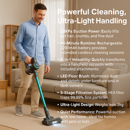 YISORA N300™ Cordless Stick Vacuum – 20KPa, 40 Min, 6-in-1 | Electromax