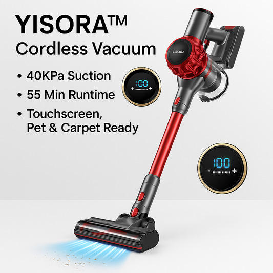 YISORA™ Cordless Vacuum – 40KPa, 55 Min Runtime, Touchscreen | Electromax