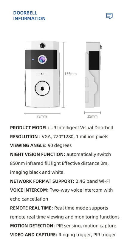 Smart Wireless Video Doorbell with Solar Charging – Waterproof, WiFi, Intercom & HD Camera