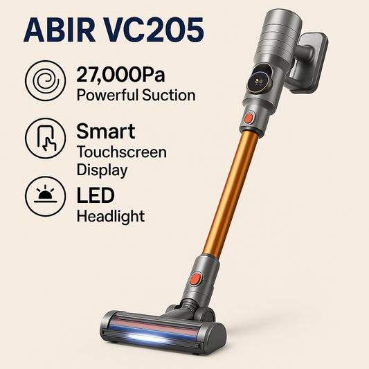 ABIR VC205™ – 27,000Pa Cordless Smart Vacuum with Auto Dust Detection & HEPA Filtration