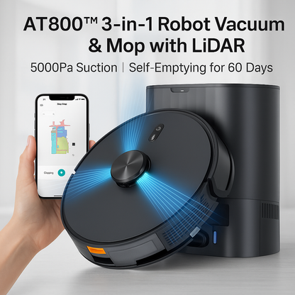 AT800™ 3-in-1 Robot Vacuum & Mop – 5000Pa, 60-Day Self-Empty, LiDAR, WiFi | Electromax